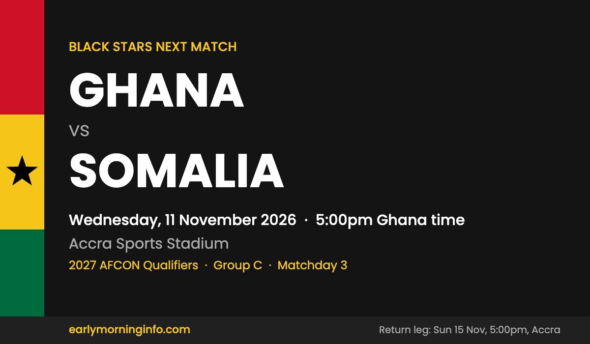 Black Stars next match: Ghana vs Somalia, Wednesday 11 November 2026, 5pm, Accra Sports Stadium